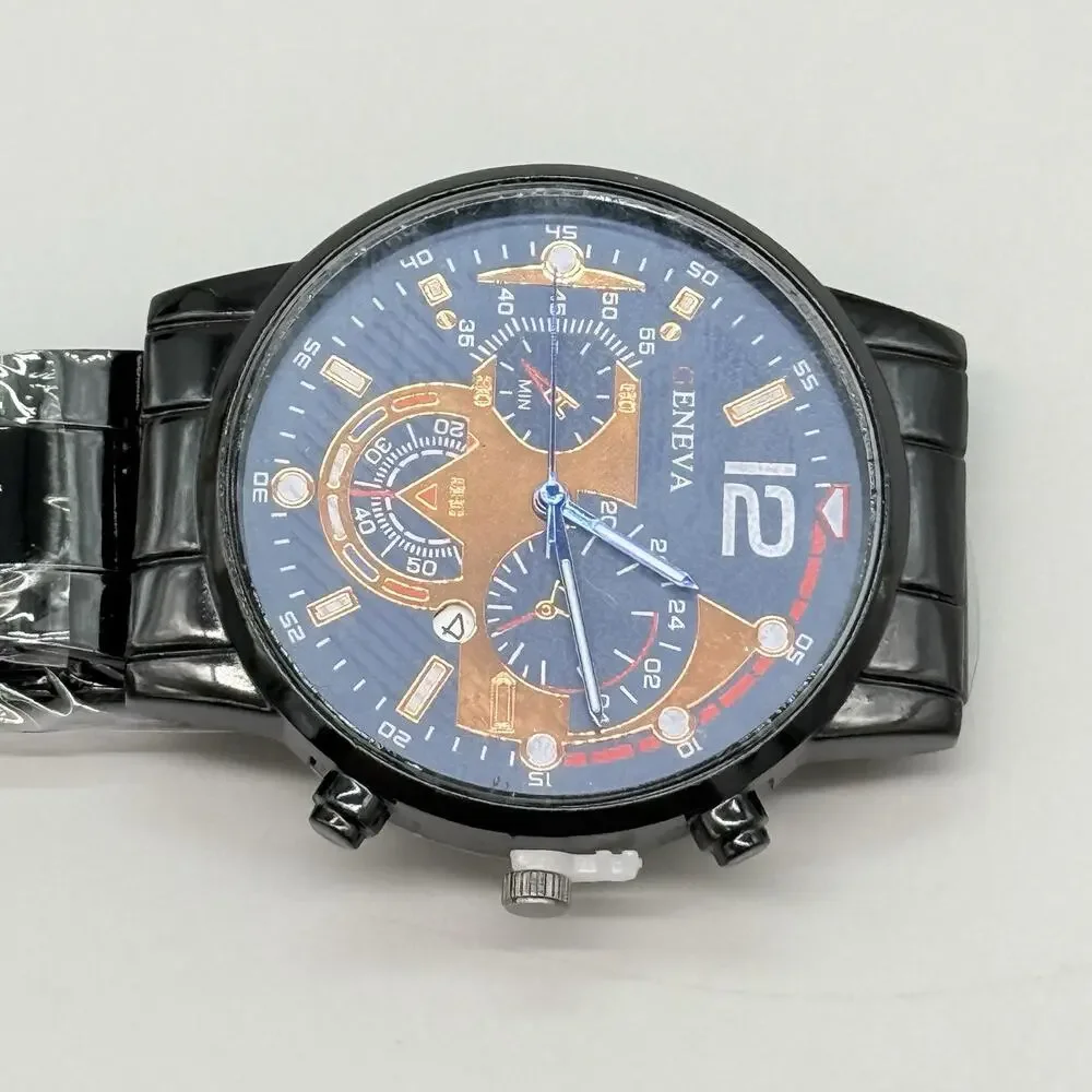 Geneva Men's Black Alloy Link Watch Blue Dial Oversized Faux Chronograph New